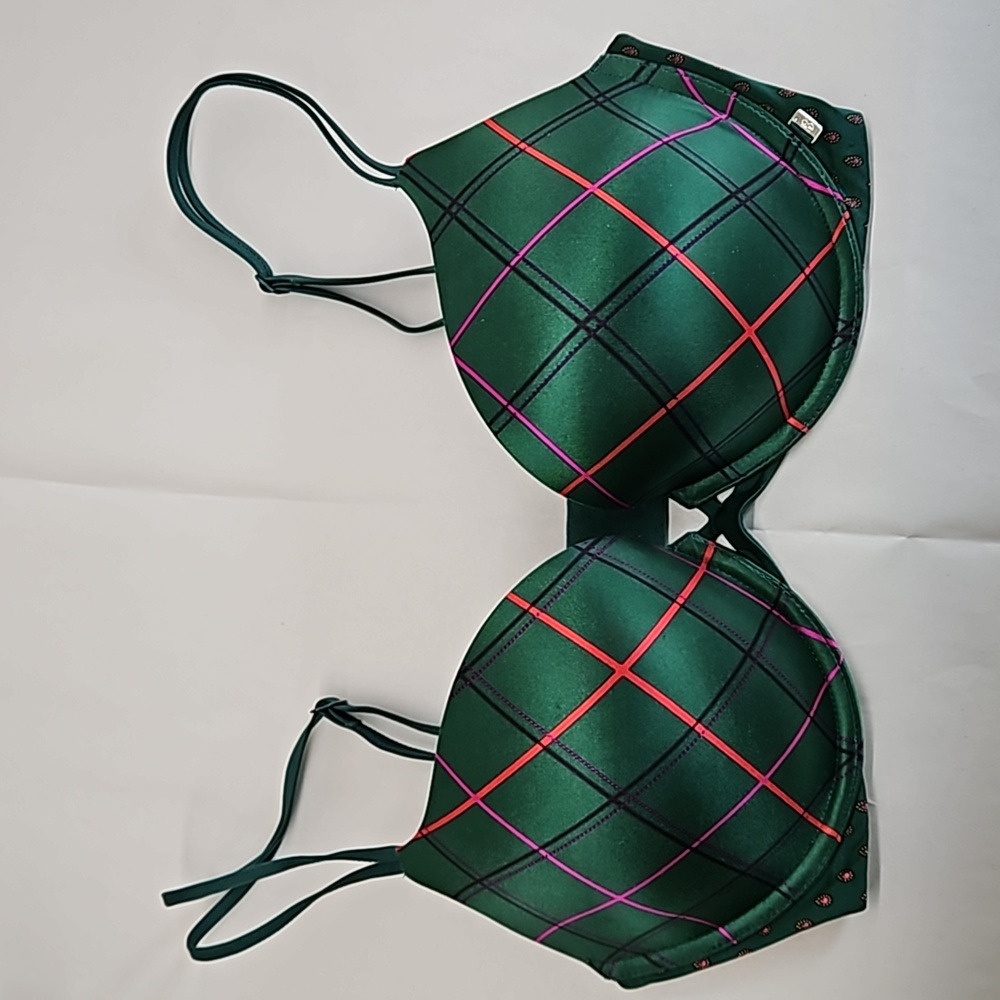 Victoria's Secret Very Sexy Push-Up Bra 32DSGreen Red Black Purple Plaid Pattern